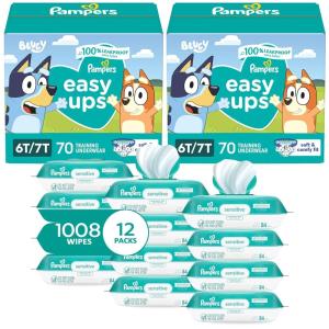 imagePampers Easy Ups Pull On Training Underwear Boys 3T4T 2 Month Supply 2 x 124 Count with Sensitive Water Based Baby Wipes 12X Multi Pack PopTop and Refill 1008 CountSize 4T5T