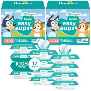 imagePampers Easy Ups Pull On Training Underwear Boys 3T4T 2 Month Supply 2 x 124 Count with Sensitive Water Based Baby Wipes 12X Multi Pack PopTop and Refill 1008 CountSize 3T4T