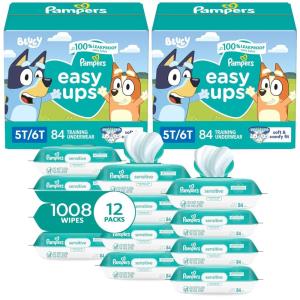 imagePampers Easy Ups Pull On Training Underwear Boys 3T4T 2 Month Supply 2 x 124 Count with Sensitive Water Based Baby Wipes 12X Multi Pack PopTop and Refill 1008 CountSize 5T6T