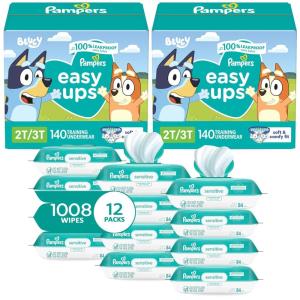 imagePampers Easy Ups Pull On Training Underwear Boys 3T4T 2 Month Supply 2 x 124 Count with Sensitive Water Based Baby Wipes 12X Multi Pack PopTop and Refill 1008 CountSize 2T3T