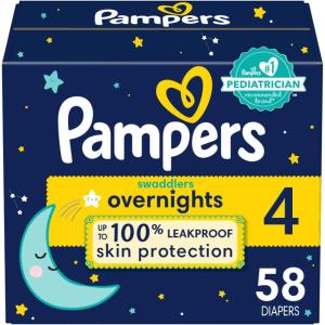 imagePampers Overnight Diapers  Swaddlers Overnights  Size 4 58 Count Disposable Baby Diaper Night Time Leak and Skin Protection