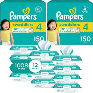 imagePampers Swaddlers Disposable Baby Diapers Size 4 2 Month Supply 2 x 150 Count with Sensitive Water Based Baby Wipes 12X Multi Pack PopTop and Refill 1008 CountSize 4