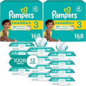 imagePampers Swaddlers Disposable Baby Diapers Size 4 2 Month Supply 2 x 150 Count with Sensitive Water Based Baby Wipes 12X Multi Pack PopTop and Refill 1008 CountSize 3