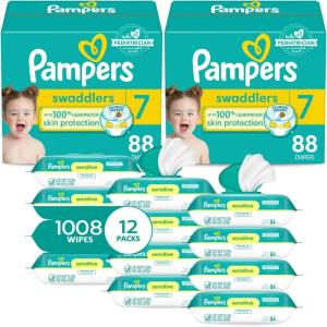 imagePampers Swaddlers Disposable Baby Diapers Size 4 2 Month Supply 2 x 150 Count with Sensitive Water Based Baby Wipes 12X Multi Pack PopTop and Refill 1008 CountSize 7