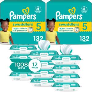 imagePampers Swaddlers Disposable Baby Diapers Size 4 2 Month Supply 2 x 150 Count with Sensitive Water Based Baby Wipes 12X Multi Pack PopTop and Refill 1008 CountSize 5
