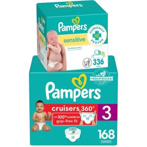 imageDiapers Size 3 168 Count and Baby Wipes  Pampers Pull On Cruisers 360 Fit Baby Diapers with Stretchy Waistband ONE MONTH SUPPLY with Sensitive Wipes 6X PopTops 336 Count Packaging May VarySize 3