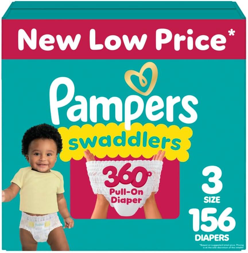 imagePampers Diapers  Swaddlers 360  Size 3 156 Count for up to 100 Leakproof Premium Skin Protection Packaging May VarySize 3