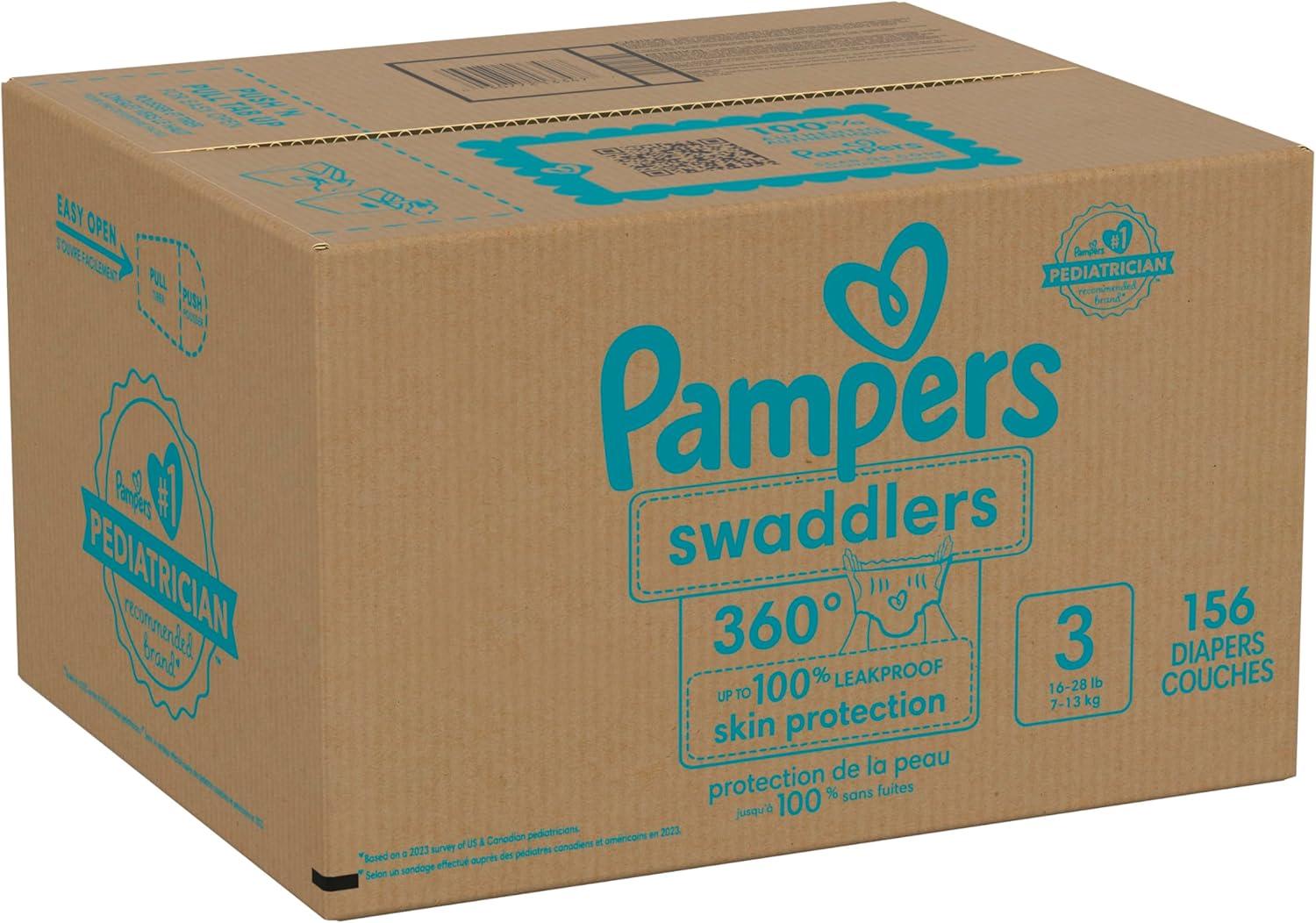imagePampers Diapers  Swaddlers 360  Size 3 156 Count for up to 100 Leakproof Premium Skin Protection Packaging May VarySize 3