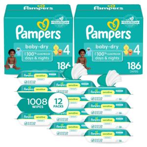imagePampers Baby Dry Disposable Baby Diapers Size 3 2 Month Supply 2 x 210 Count with Sensitive Water Based Baby Wipes 12X Multi Pack PopTop and Refill 1008 CountSize 4