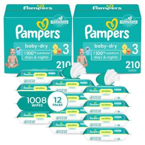 imagePampers Baby Dry Disposable Baby Diapers Size 3 2 Month Supply 2 x 210 Count with Sensitive Water Based Baby Wipes 12X Multi Pack PopTop and Refill 1008 CountSize 3