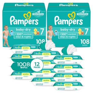 imagePampers Baby Dry Disposable Baby Diapers Size 3 2 Month Supply 2 x 210 Count with Sensitive Water Based Baby Wipes 12X Multi Pack PopTop and Refill 1008 CountSize 7