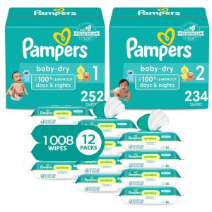 imagePampers Baby Dry Disposable Baby Diapers Size 3 2 Month Supply 2 x 210 Count with Sensitive Water Based Baby Wipes 12X Multi Pack PopTop and Refill 1008 CountSize 1  2