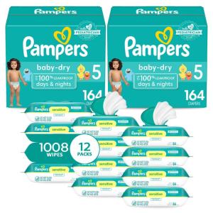 imagePampers Baby Dry Disposable Baby Diapers Size 3 2 Month Supply 2 x 210 Count with Sensitive Water Based Baby Wipes 12X Multi Pack PopTop and Refill 1008 CountSize 5