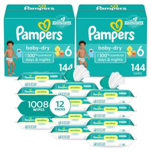 imagePampers Baby Dry Disposable Baby Diapers Size 3 2 Month Supply 2 x 210 Count with Sensitive Water Based Baby Wipes 12X Multi Pack PopTop and Refill 1008 CountSize 6