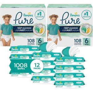 imagePampers Pure Protection Disposable Baby Diapers Size 3 2 Month Supply 2 x 168 Count with Aqua Pure Sensitive Baby Wipes 12X PopTop Packs 672 CountSize 6