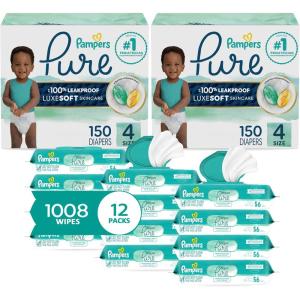 imagePampers Pure Protection Disposable Baby Diapers Size 3 2 Month Supply 2 x 168 Count with Aqua Pure Sensitive Baby Wipes 12X PopTop Packs 672 CountSize 4