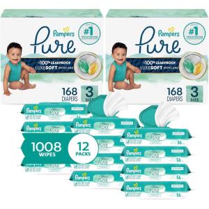 imagePampers Pure Protection Disposable Baby Diapers Size 3 2 Month Supply 2 x 168 Count with Aqua Pure Sensitive Baby Wipes 12X PopTop Packs 672 CountSize 3