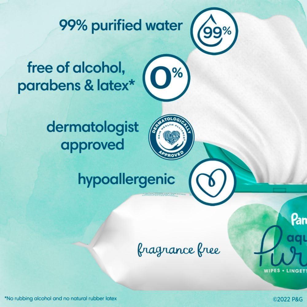 imagePampers Baby Wipes Aqua Pure 99 waterbased wipes Hypoallergenic and Unscented Baby Wipes 672 Wipes Total 12 FlipTop Packs56 Count Pack of 1
