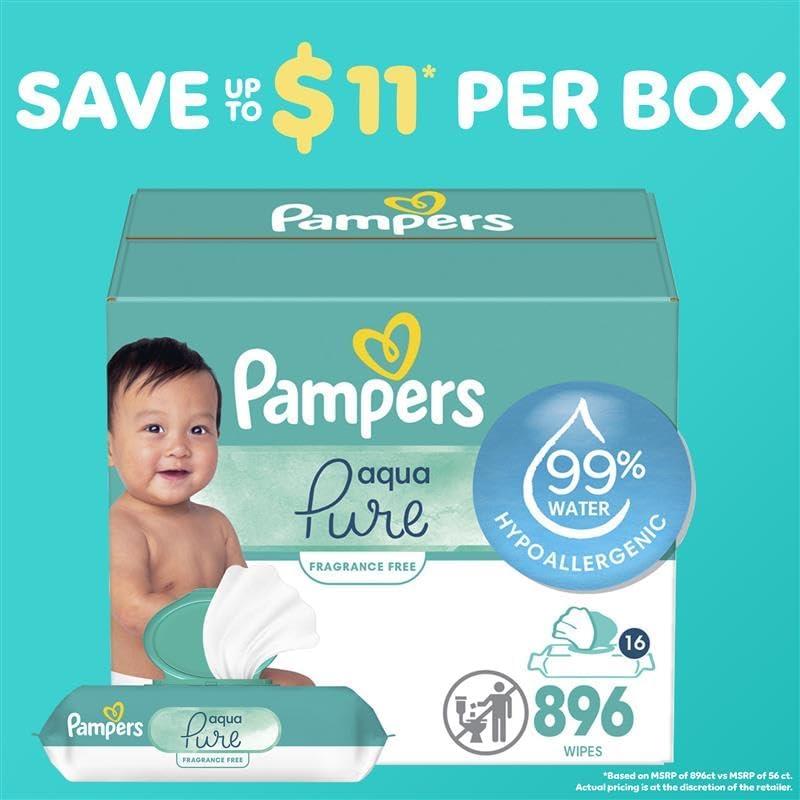 imagePampers Baby Wipes Aqua Pure 99 waterbased wipes Hypoallergenic and Unscented Baby Wipes 672 Wipes Total 12 FlipTop Packs56 Count Pack of 16
