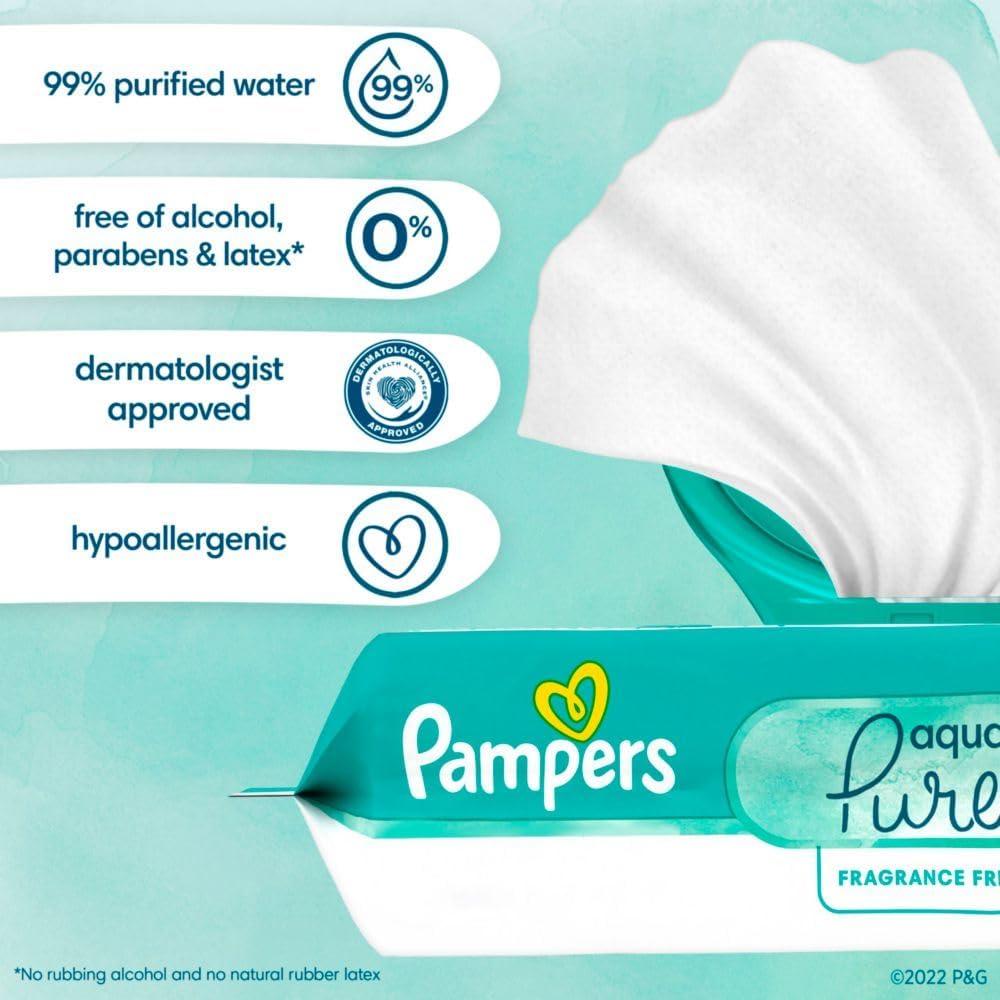 imagePampers Baby Wipes Aqua Pure 99 waterbased wipes Hypoallergenic and Unscented Baby Wipes 672 Wipes Total 12 FlipTop Packs56 Count Pack of 6
