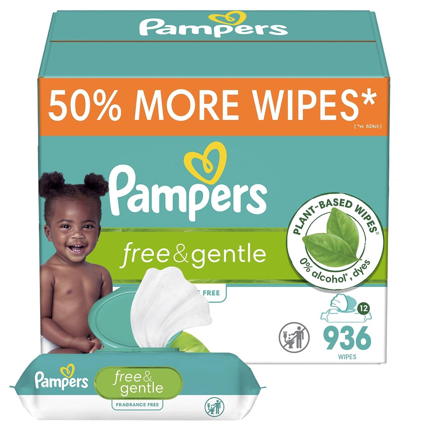 imagePampers Baby Wipes Free ampamp Gentle Hypoallergenic and Unscented Wipe 100 Plant Based PlasticFree for Babies 936 Total 12 FlipTop PacksUnscented