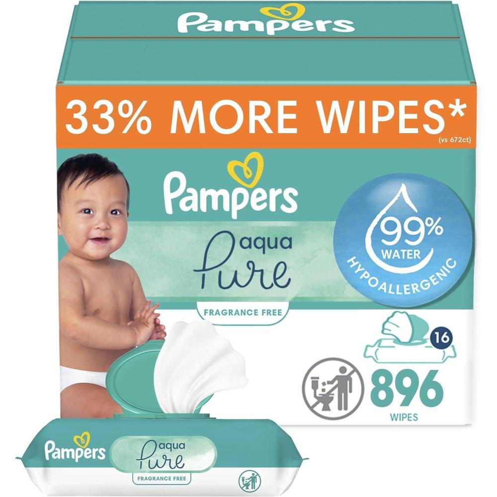 imagePampers Baby Wipes Aqua Pure 99 waterbased wipes Hypoallergenic and Unscented Baby Wipes 672 Wipes Total 12 FlipTop Packs56 Count Pack of 16