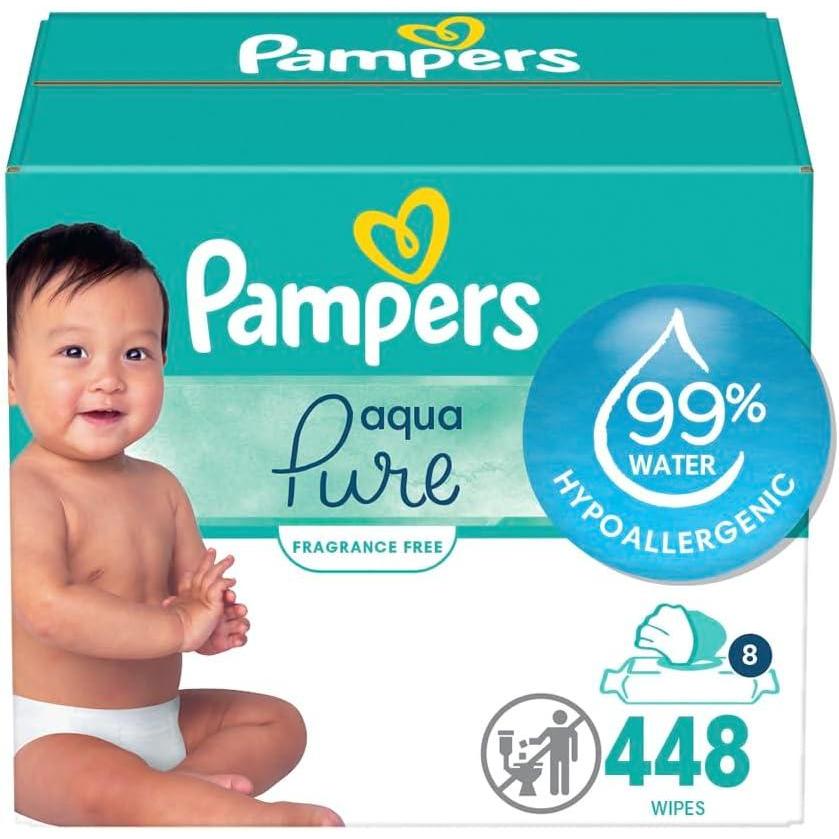 imagePampers Baby Wipes Aqua Pure 99 waterbased wipes Hypoallergenic and Unscented Baby Wipes 672 Wipes Total 12 FlipTop Packs56 Count Pack of 8