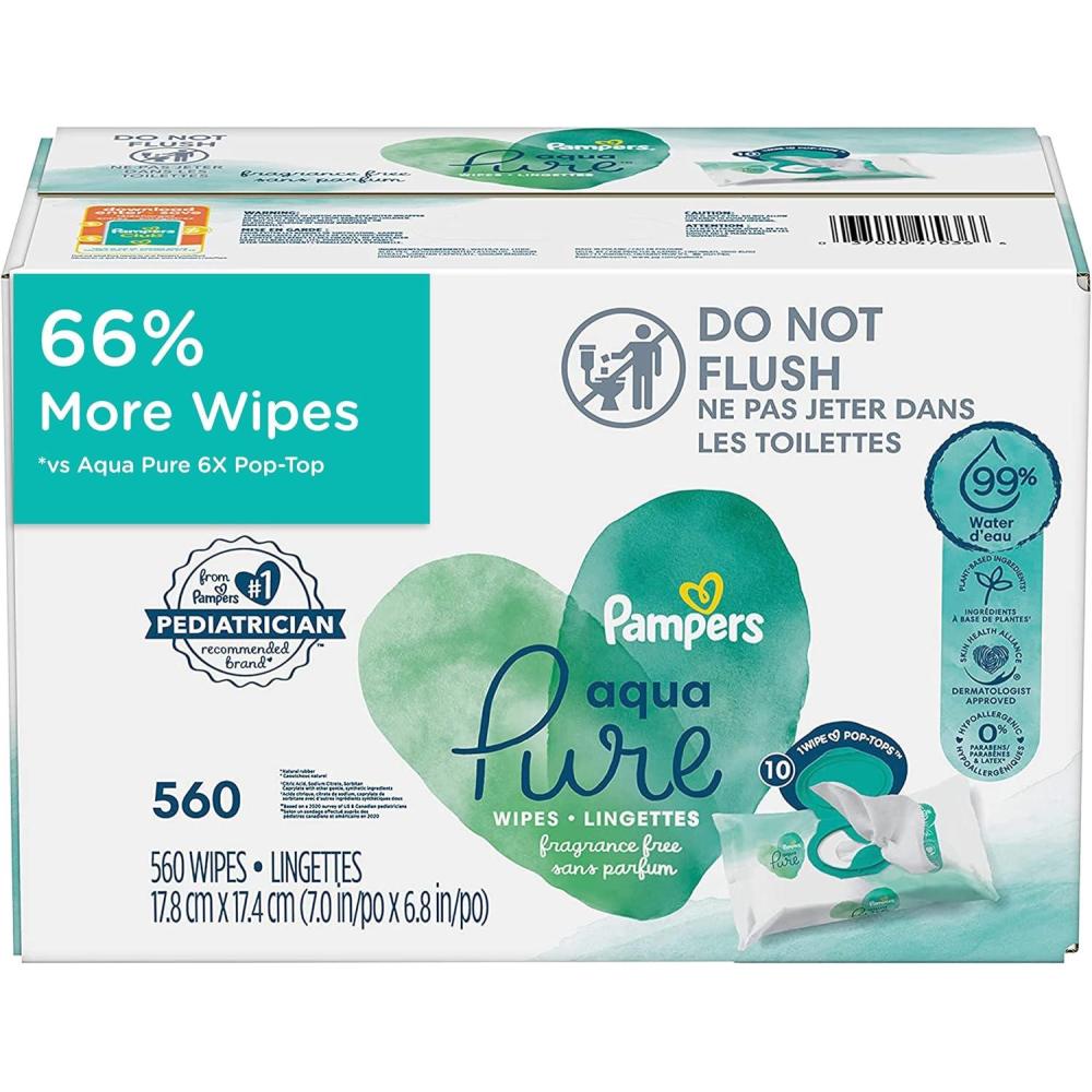 imagePampers Baby Wipes Aqua Pure 99 waterbased wipes Hypoallergenic and Unscented Baby Wipes 672 Wipes Total 12 FlipTop Packs560 Count Pack of 1