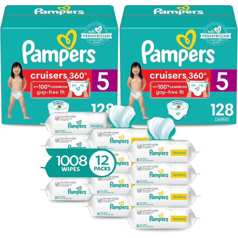 imagePampers Pull On Cruisers 360 Fit Disposable Baby Diapers Size 3 2 Months Supply 2 x 168 Count with Sensitive Water Based Baby Wipes 12X Multi Pack PopTop and Refill 1008 CountSize 5