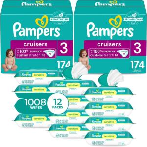 imagePampers Cruisers Disposable Baby Diapers Size 3 2 Month Supply 2 x 174 Count with Sensitive Water Based Baby Wipes 12X Multi Pack PopTop and Refill 1008 Count