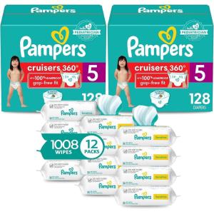 imagePampers Pull On Cruisers 360 Fit Disposable Baby Diapers Size 3 2 Months Supply 2 x 168 Count with Sensitive Water Based Baby Wipes 12X Multi Pack PopTop and Refill 1008 CountSize 5