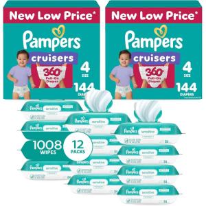 imagePampers Pull On Cruisers 360 Fit Disposable Baby Diapers Size 3 2 Months Supply 2 x 168 Count with Sensitive Water Based Baby Wipes 12X Multi Pack PopTop and Refill 1008 CountSize 4
