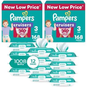 imagePampers Pull On Cruisers 360 Fit Disposable Baby Diapers Size 3 2 Months Supply 2 x 168 Count with Sensitive Water Based Baby Wipes 12X Multi Pack PopTop and Refill 1008 CountSize 3