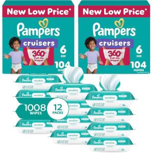 imagePampers Pull On Cruisers 360 Fit Disposable Baby Diapers Size 3 2 Months Supply 2 x 168 Count with Sensitive Water Based Baby Wipes 12X Multi Pack PopTop and Refill 1008 CountSize 6
