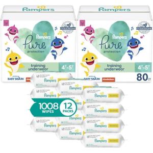 imagePampers Pure Pants 2T3T 2 x 100 Count with Sensitive Water Based Baby Wipes 12X PopTop and Refill Packs 1008 CountSize 4T5T
