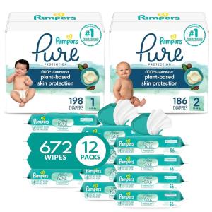 imagePampers Pure Protection Disposable Baby Diapers Starter Kit 2 Month Supply Sizes 1 198 Count ampamp 2 186 Count with Aqua Pure Sensitive Wipes 12X PopTop Packs 672 CountSize 1  2