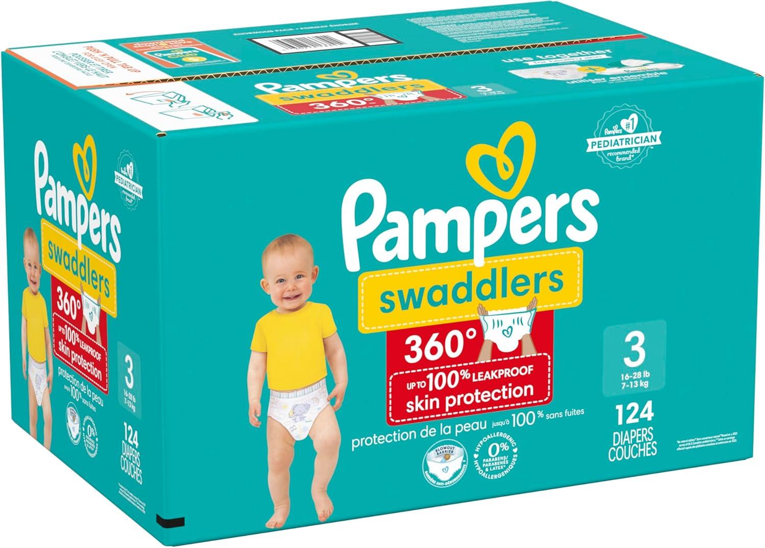 imagePampers Diapers  Swaddlers 360  Size 3 156 Count for up to 100 Leakproof Premium Skin Protection Packaging May VarySize 3