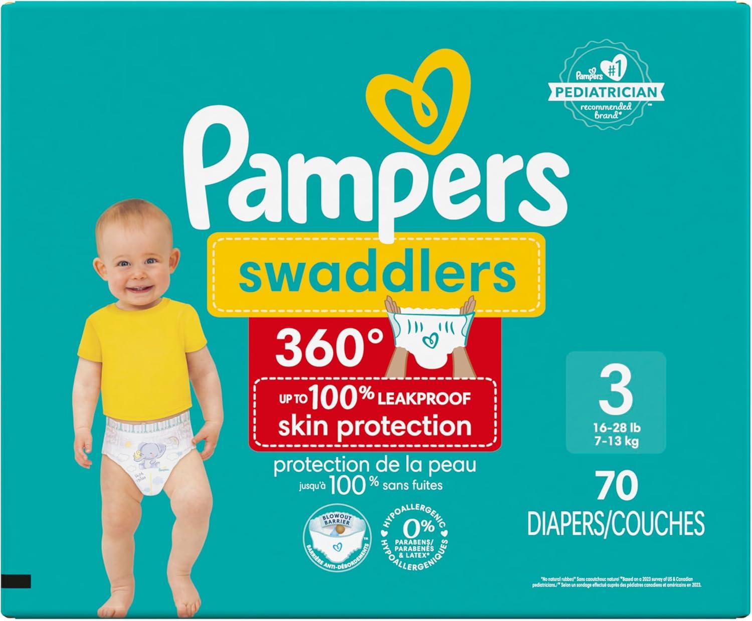 imagePampers Diapers  Swaddlers 360  Size 3 156 Count for up to 100 Leakproof Premium Skin Protection Packaging May VarySize 3
