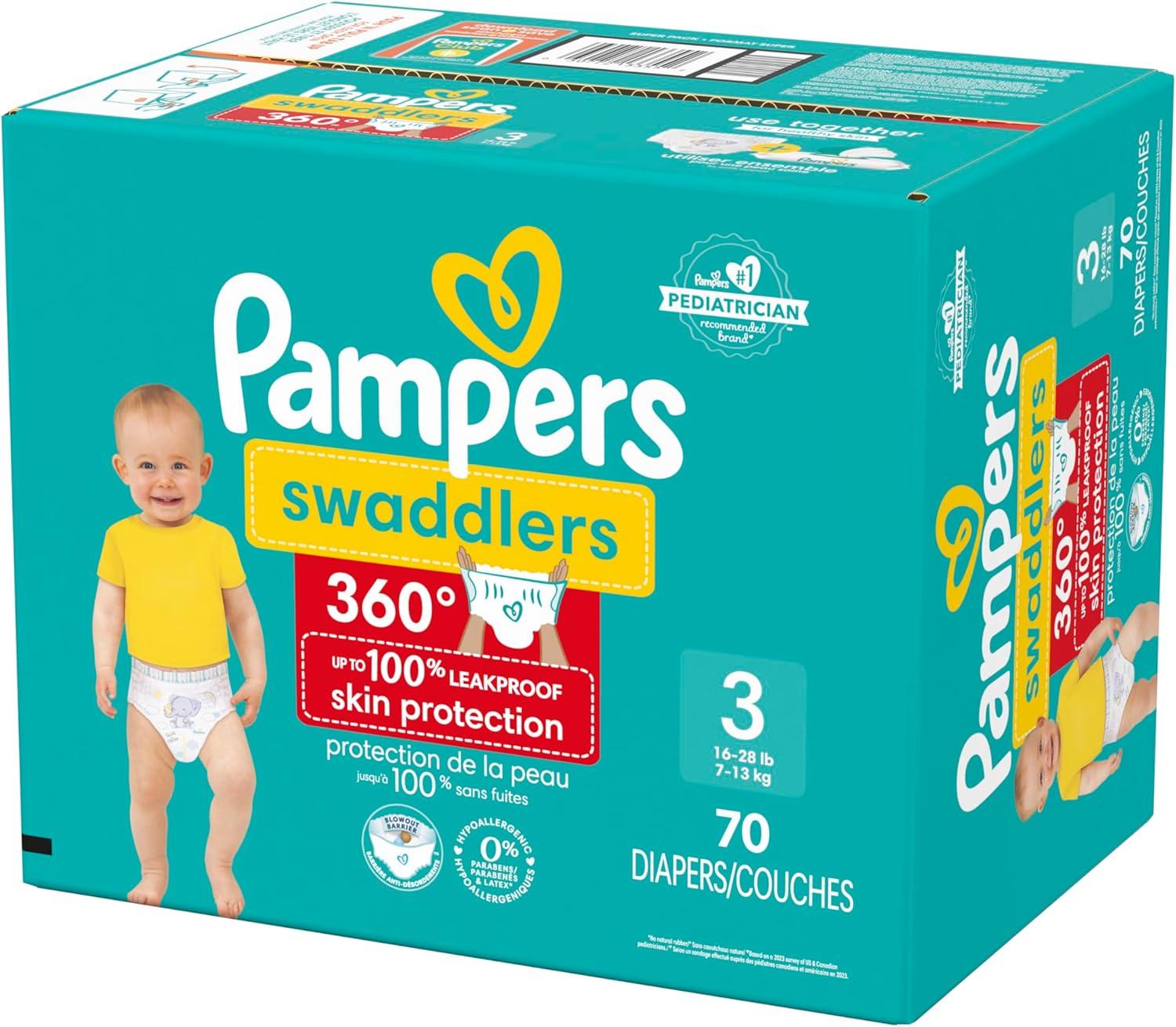 imagePampers Diapers  Swaddlers 360  Size 3 156 Count for up to 100 Leakproof Premium Skin Protection Packaging May VarySize 3