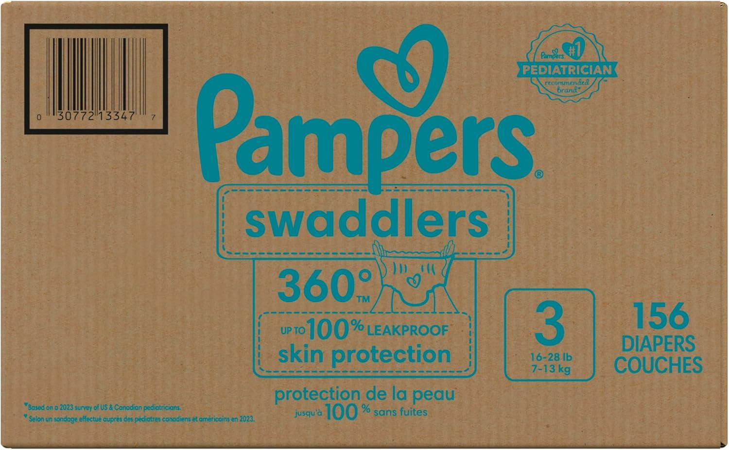 imagePampers Diapers  Swaddlers 360  Size 3 156 Count for up to 100 Leakproof Premium Skin Protection Packaging May VarySize 3