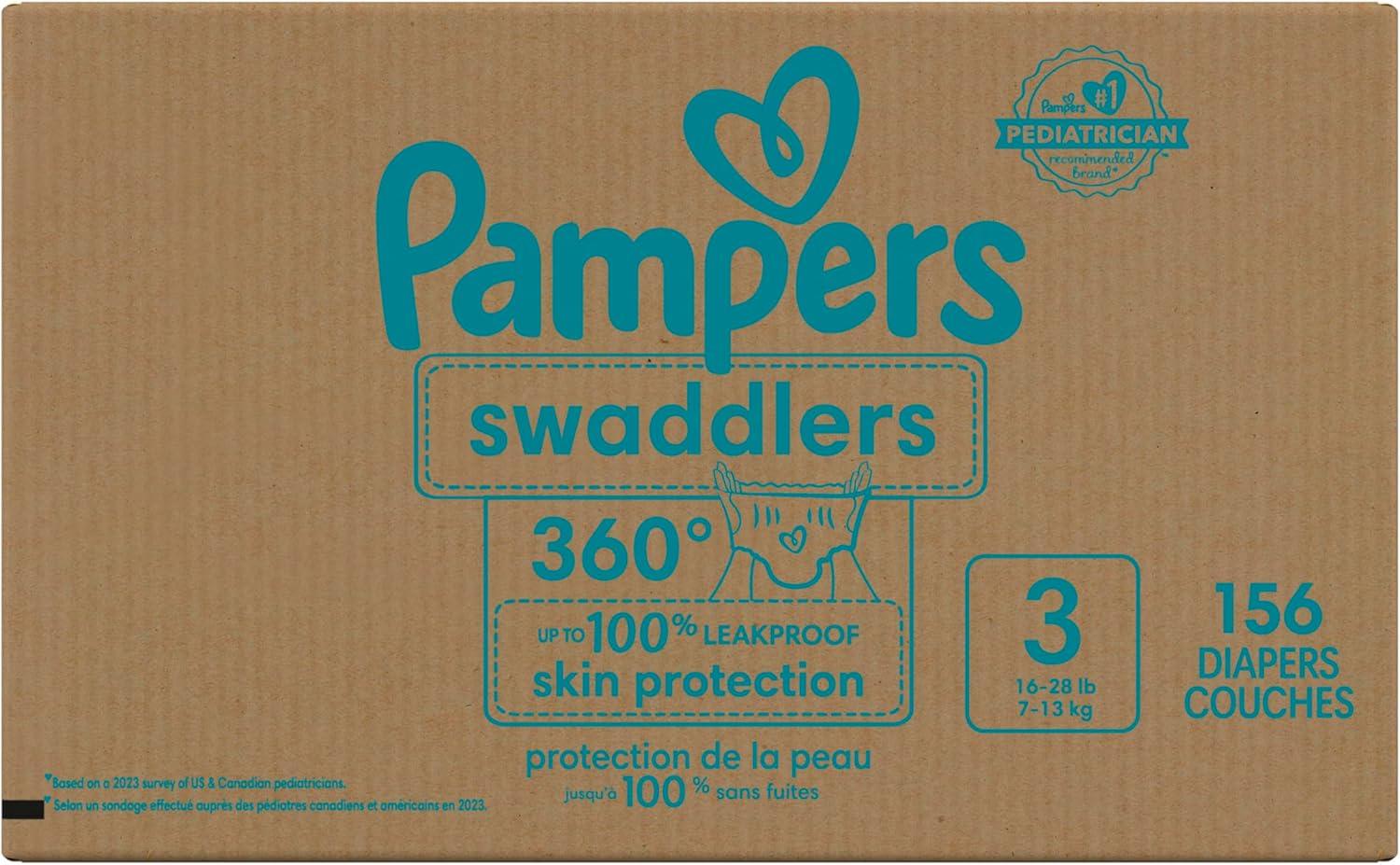 imagePampers Diapers  Swaddlers 360  Size 3 156 Count for up to 100 Leakproof Premium Skin Protection Packaging May VarySize 3
