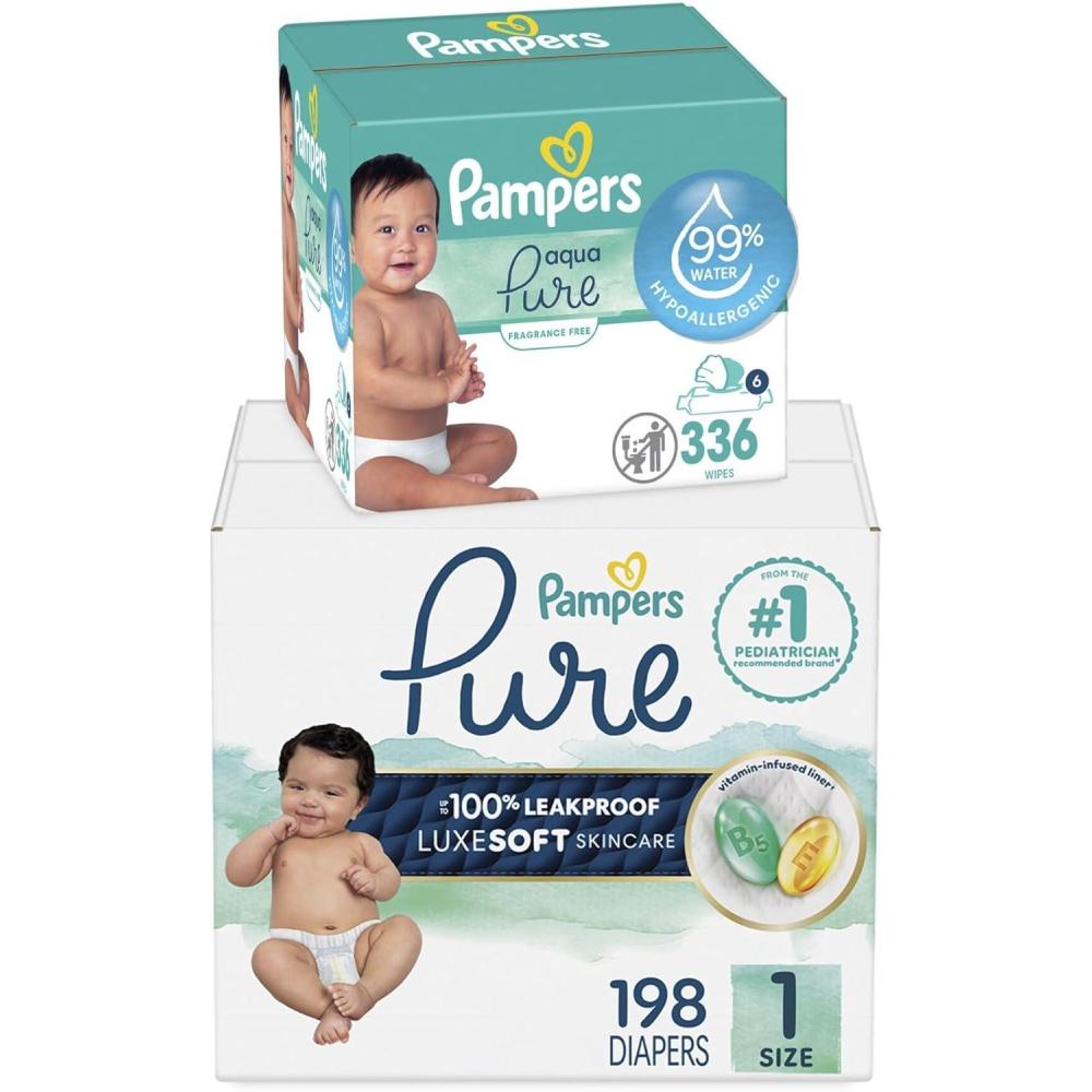 imagePampers Pure Protection Disposable Baby Diapers Size 7 One Month Supply 88 Count with Aqua Pure Baby Wipes 6X PopTop Packs 336 CountSize 1
