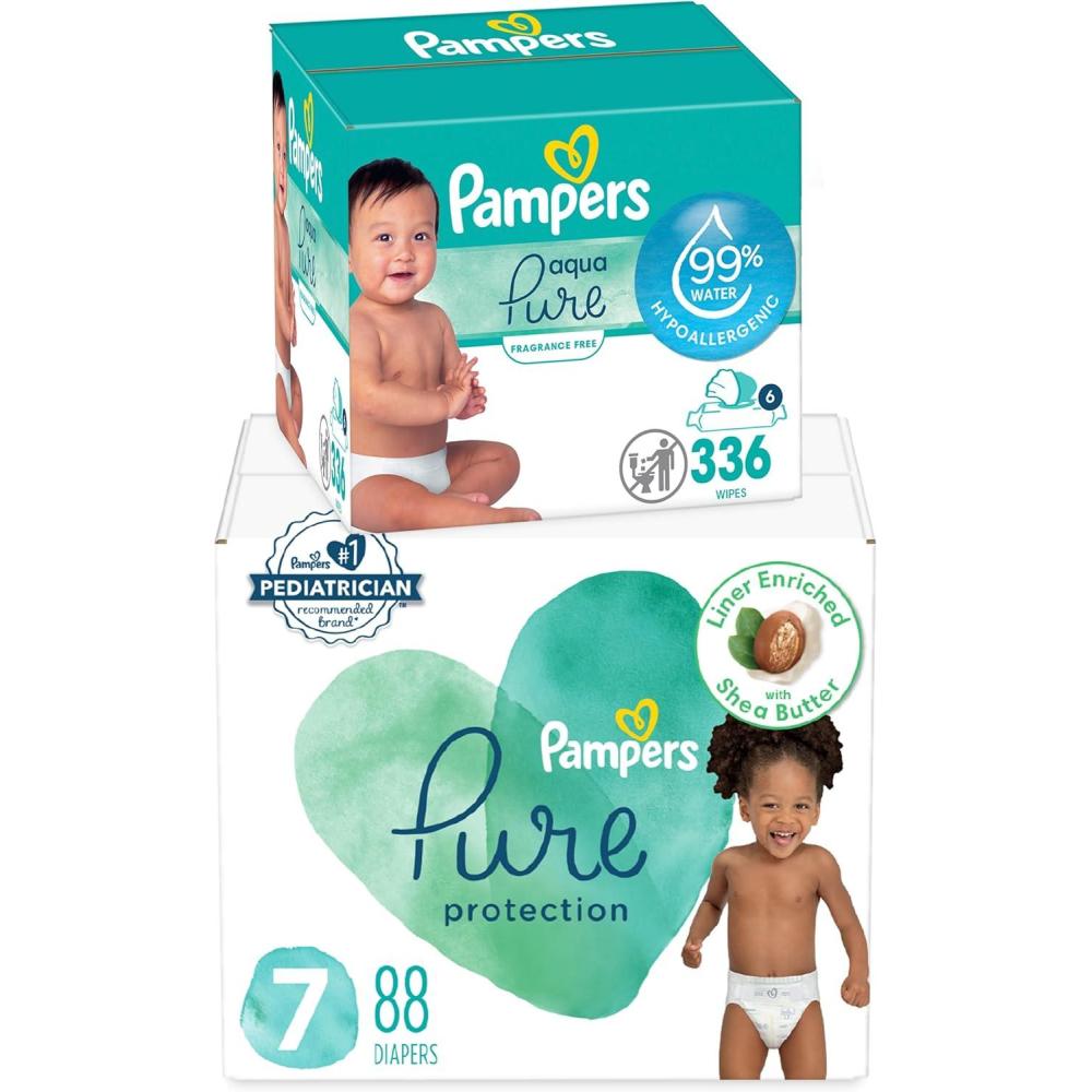 imagePampers Pure Protection Disposable Baby Diapers Size 7 One Month Supply 88 Count with Aqua Pure Baby Wipes 6X PopTop Packs 336 CountSize 7  6X
