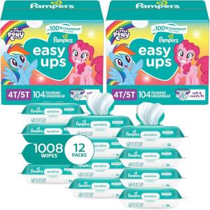 imagePampers Easy Ups Pull On Training Underwear Girls 2T3T 2 Month Supply 2 x 140 Count with Sensitive Water Based Baby Wipes 12X Multi Pack PopTop and Refill 1008 CountSize 4T5T