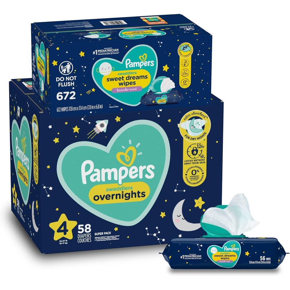 imageOvernight Diapers Size 4 58 Count and Baby Wipes  Pampers Swaddlers Overnights Disposable Baby Diapers and Sweet Dreams Wipes 12X PopTop 672 Count