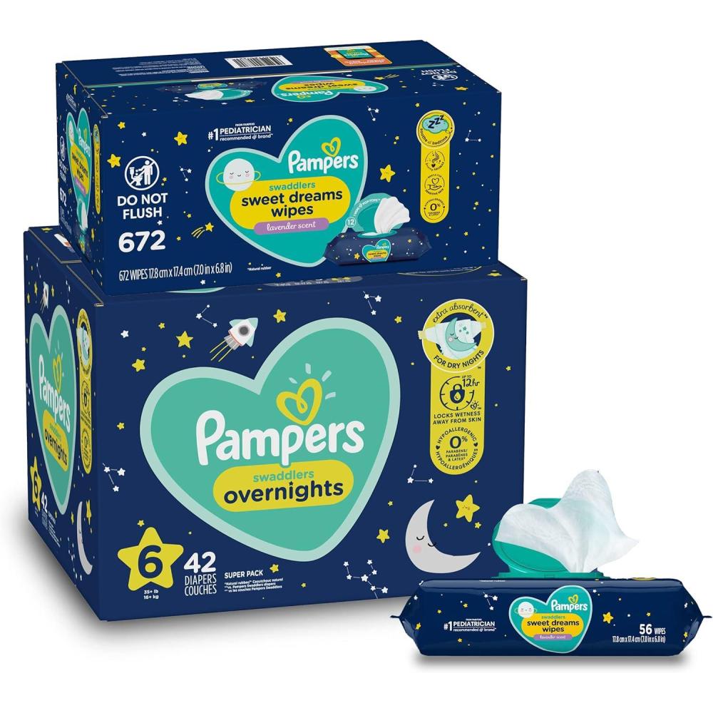 imageOvernight Diapers Size 6 42 Count and Baby Wipes  Pampers Swaddlers Overnights Disposable Baby Diapers and Sweet Dreams Wipes 12X PopTop 672 Count
