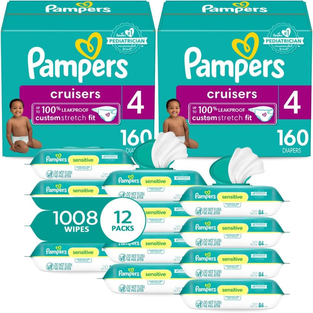 imagePampers Cruisers Disposable Baby Diapers Size 4 2 Month Supply 2 x 160 Count with Sensitive Water Based Baby Wipes 12X Multi Pack PopTop and Refill 1008 Count