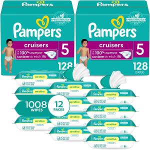 image:imagePampers Cruisers Disposable Baby Diapers Size 5 2 Month Supply 2 x 128 Count with Sensitive Water Based Baby Wipes 12X Multi Pack PopTop and Refill 1008 Count